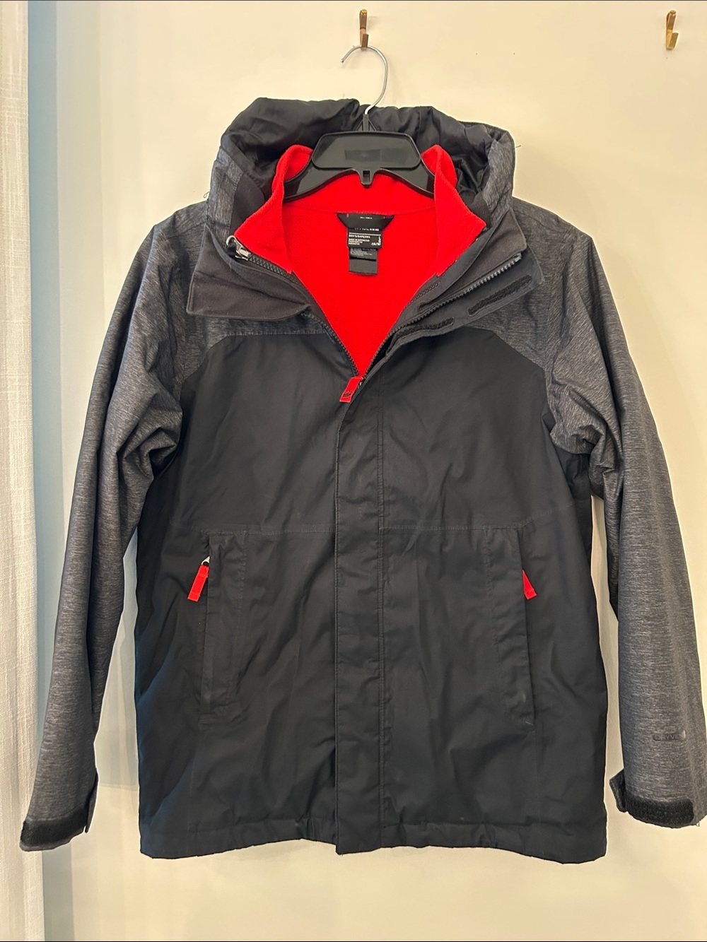 North Face Boys 3 in 1 Black & Gray Hooded Jacket with Red fleece zip out Lining